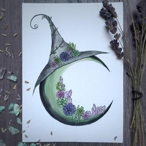 Succulent Moon Print, lunar, crystals, imbolc, ostara, spring, pagan, witch, art, artwork, decor, sabbat, cottagecore, magic, green, plant
