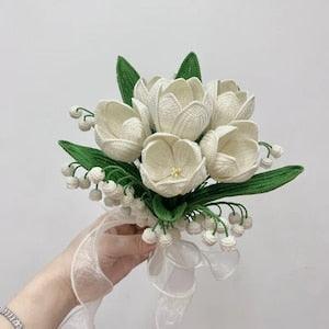 Finished Handmade tulip bouquet, crochet lily of the valley bouquet, valentines's day and mother's day, wedding flower,Bridal bouquet