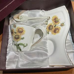 Adeline Individual Cup Saucer Spoon. Sunflowers. Original Box