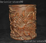 6.4"collect China bamboo hand carved peony flower brush pot pencil vase statue