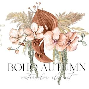 Boho Autumn Watercolor Flowers. Rust  Beige fall FLOWERS. Orchid Flowers Dry Palm Leaves Watercolor clipart.