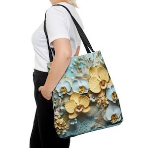 Flowery Tote Bag, Shopping Bag with Orchid Print, Gift for Plant Lovers, Birthday Gift for her, Gift for him, Gift for her, Vegan Gift
