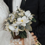 White Magnolia Bridal Bouquet, Classic Wedding White Rose Bouquet, Rustic Boho Flower Bouquet, Rose Design, Magnolia and Boutonniere