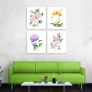 Floral Botanical Watercolour Prints - set of 4. Home decor, Flower painting Art Prints, poster, sunflower orchid rose peony tulip hydrangea