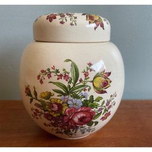 Vintage James Sadler Lidded Ginger Jar, Cream Container With Floral Bouquet Design, Made in England