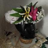 White bridal crown with lily mini tiara and fuchsia tipanier