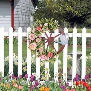 Spring Wreath Artificial Peony Flowers and Wheel 46x50cm Lifelike Welcome Sign
