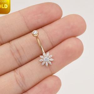 14k Solid Gold Flower Belly Button Ring Sunflower Diamond Navel Piercing Threaded Cz Navel Ring Barbell Piercing Jewelry Gift For Her 14g