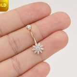 14k Solid Gold Flower Belly Button Ring Sunflower Diamond Navel Piercing Threaded Cz Navel Ring Barbell Piercing Jewelry Gift For Her 14g
