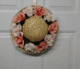 Straw Hat with roses and pearls handmade