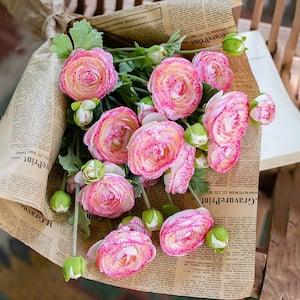 Faux Silk Artificial Buttercup Flower Bundle in Pink Purple 21" Tall