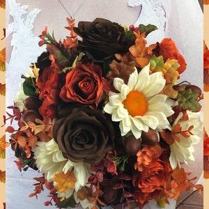 Artificial Rust Fall Bridal Bouquet Fall Chocolate Rose Bouquet with Acorns Fall Sunflower Bridal Bouquet, Rust Chocolate and Acorn Bouquet