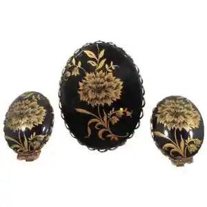 Black Glass Carnation Flower Designs Goldtone Metal Brooch Clip On Earrings Set