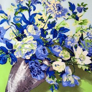 Vintage Silk Scarf Blue Roses Floral Bouquet 50s 60s Exc Condition Gorgeous Graphics
