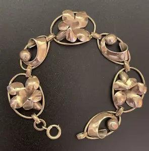 Vtg CARL-ART Bracelet 12K GF Sterling Silver Repousse Calla Lily Floral Link 7.5