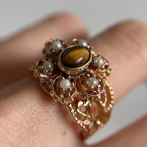 Estate 14KT Gold Tiger??s Eye and Seed Pearl Cluster Ring, Floral Design Wide Band Vintage Style Gold Filigree  Ring Size 7.5 US