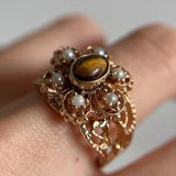 Estate 14KT Gold Tiger??s Eye and Seed Pearl Cluster Ring, Floral Design Wide Band Vintage Style Gold Filigree  Ring Size 7.5 US