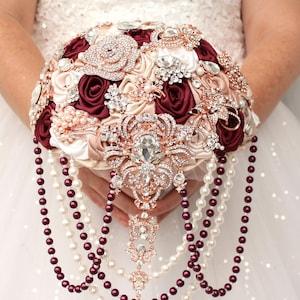 Burgundy rose gold bridal bouquet. Cascade brooch bouquet. Artfitial flowers wedding bouquet