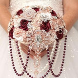 Burgundy rose gold bridal bouquet. Cascade brooch bouquet. Artfitial flowers wedding bouquet