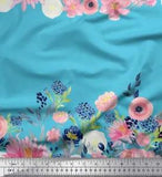 Soimoi Blue Cotton Poplin Fabric Ranunculus & Chrysanthemum Floral-4nW