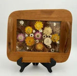 Handmade Vintage Wooden Serving Tray with Handles & Decorated w/ Dried Flowers