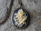 LILY OF THE VALLEY CAMEO LOCKET -ANTIQUE BRONZE, CREAM, VINTAGE LOOK, QUALITY