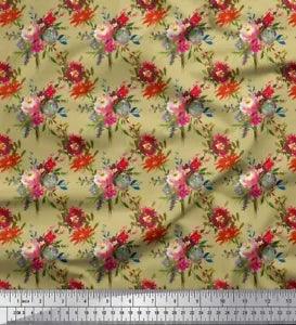 Soimoi Beige Velvet Fabric Leaves & Peony Floral Print Fabric by-FRg