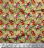 Soimoi Beige Velvet Fabric Leaves & Peony Floral Print Fabric by-FRg