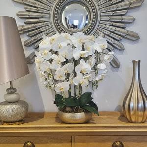 Sansa Life Like White Orchid, real touch , artificial plant in champagne gold bowl.
