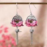 Pure Sterling Silver Women Pink Enamel Peony Flower Tassels Dangle Earrings