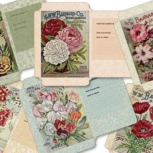 6 printable vintage flower seed packets, botanical, garden seeds, printable, flower seed packets, seed envelopes, seed organizer, spring