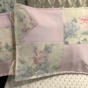 Shabby Chic Vintage Pink  rose bouquet framed with Tommy Hilfiger stripe fabric  Hand made Custom  Pillow