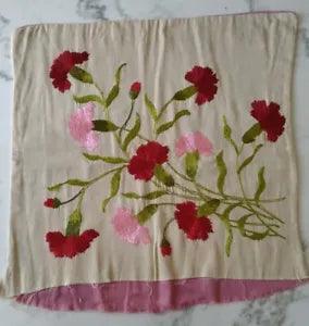 Vintage Embroidered Pillow Cover Antique Floral Red And Pink Carnations Flowers