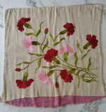 Vintage Embroidered Pillow Cover Antique Floral Red And Pink Carnations Flowers