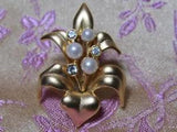 Vintage Savvy Swarovski Gold Tone Faux Pearl & Crystal Lily Brooch Pin