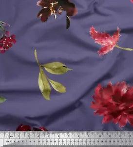 Soimoi Purple Velvet Fabric Leaves & Peony Floral Fabric Prints-Hyb