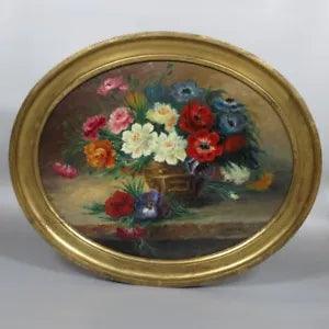 Antique French Oil Painting Bouquet Flowers Anemones Carnations Signed Mascarey