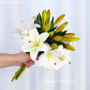 Lily Bouquet | Lily Stem | Artificial Flower | DIY | Floral | Centerpiece | Wedding | Home Decor | Gifts - White - Pink Dots -Yellow