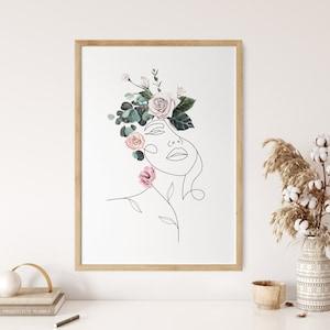Boho Female Face Line Art, Woman Silhouette Wall Art, Head Of Flowers Poster, Watercolor Painting Rose Bouquet Artwork, Floral Sketch Print