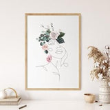 Boho Female Face Line Art, Woman Silhouette Wall Art, Head Of Flowers Poster, Watercolor Painting Rose Bouquet Artwork, Floral Sketch Print