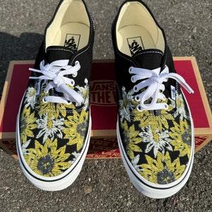 Sunflower and Daisy Authentic Vans Shoes - Customized Black Authentic Vans for Men and Women