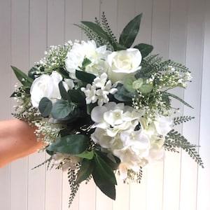 Beautiful Faux natural look White Bridal Bouquet with Roses a large Hydrangea and Dahlia Gypsophila and Foliage