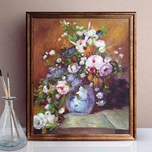 Pink Peonies in Blue Vase Oil Painting On Canvas Vintage Abstract Floral Wall Art for Living Room Gift for Housewarming