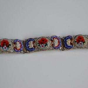 Fabulous Vintage Italian silver plate micro mosaic glass panel link bracelet with roses forget me not flower bouquets white blue red colors