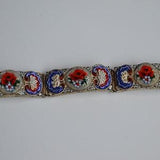 Fabulous Vintage Italian silver plate micro mosaic glass panel link bracelet with roses forget me not flower bouquets white blue red colors
