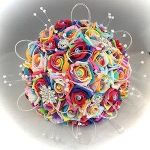 Rainbow roses bride bouquet artificial wedding flowers bridesmaid bouquet foam rose brooch diamant¡§? wedding sparkly LGBTQS crystals bling