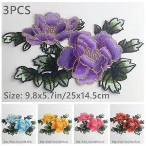3PCS Costume Cheongsam Appliques Patch Embroidery Peony DIY Sewing Trimming