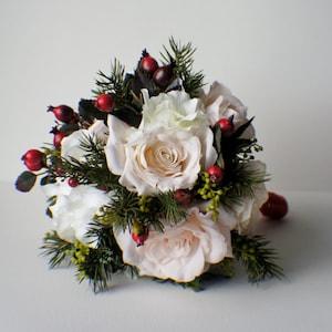 Silk Bride Bouquet, Winter Bouquet, Roses, Pine, Berries,  Winter WEdding, Christmas Wedding, Keepsake Bouquet Bridesmaid Bouquet