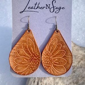 Leather Sunflower Tear Drop Earrings / Leather Earrings / Tear Drop Earring / Sunflower Earring / Genuine Leather Earring