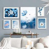 Fresh Blue Tones Floral Picture Wall Art | Dandelion Peony Orchid | Modern Canvas Painting | Scandinavian Nordic Poster